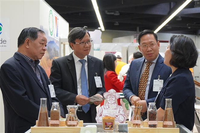 Chủ tịch Hiệp hội Nông nghiệp hữu cơ Việt Nam Hà Phúc Mịch, Tổng Lãnh sự Lê Quang Long, Tham tán Thương mại Bùi Vương Anh thăm một gian hàng Việt Nam (từ trái qua phải). (Ảnh: Mạnh Hùng/TTXVN) Việt Nam tham dự Hội chợ Thương mại hữu cơ hàng đầu thế giới tại Đức ảnh 2
