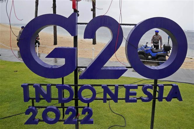 Biểu tượng Hội nghị Ngoại trưởng G20 tại Nusa Dua, Indonesia, ngày 7/7/2022. (Ảnh: AFP/TTXVN) Hội nghị G20: Đề cao chủ nghĩa đa phương, mở cửa cho đối thoại ảnh 1