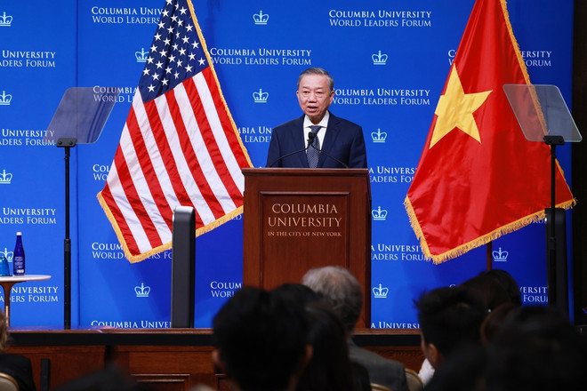 Tổng Bí thư, Chủ tịch nước Tô Lâm có bài phát biểu chính sách tại Đại học Columbia. (Ảnh: Lâm Khánh/TTXVN) ttxvn_to_lam_9.jpg