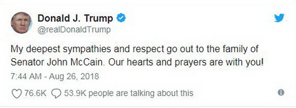 Tổng thống Trump bày tỏ lòng tôn trọng Thượng nghị sỹ John McCain ảnh 1