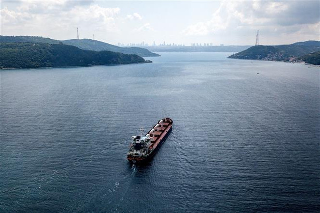 Tàu chở ngũ cốc di chuyển dọc Eo biển Bosphorus ở Istanbul, Thổ Nhĩ Kỳ, ngày 3/8/2022. (Ảnh: AFP/TTXVN) Các bên thúc đẩy thảo luận về Sáng kiến ngũ cốc Biển Đen ảnh 1