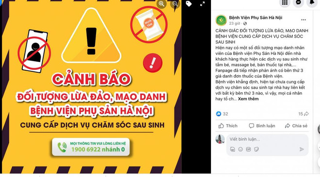 Fanpage chính thức của Bệnh viện Phụ Sản Hà Nội thông báo chiêu trò lừa đảo, mạo danh bệnh viện cung cấp dịch vụ chăm sóc sau sinh. Cảnh báo thủ đoạn mạo danh bác sỹ bệnh viện để lừa đảo bệnh nhân ảnh 2