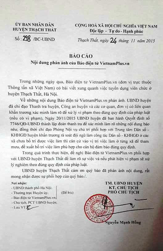 Huyện Thạch Thất phản hồi VietnamPlus về loạt bài tuyển dụng viên chức ảnh 2