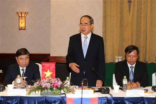 Ông Nguyễn Thiện Nhân, Ủy viên Bộ Chính trị, Bí thư Thành ủy Thành phố Hồ Chí Minh phát biểu tại hội đàm. (Ảnh: Thanh Vũ/TTXVN) TP Hồ Chí Minh và Vientiane thúc đẩy hợp tác toàn diện và hiệu quả ảnh 1