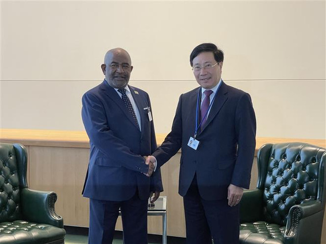 Phó Thủ tướng Thường trực Chính phủ Phạm Bình Minh và Tổng thống Liên bang Comoros Azali Assoumani. (Ảnh: TTXVN phát) Việt Nam thúc đẩy hợp tác với các nước Cuba, Canada và Comoros ảnh 1