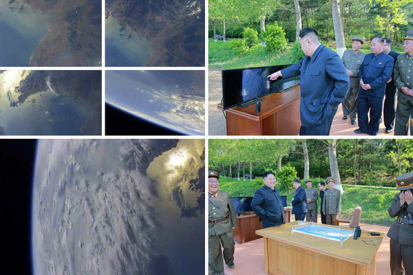 Nhà lãnh đạo Triều Tiên Kim Jong-un (ảnh trên và dưới, bên phải) theo dõi vụ phóng tên lửa Hwasong-12 ở Pukchang, tỉnh Nam Pyongan ngày 21/5. (Nguồn: Yonhap/TTXVN) Ông Kim Jong Un giám sát thử tên lửa đủ sức tấn công tàu chiến ảnh 1