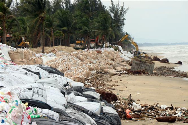 Bờ biển Cửa Đại thành phố Hội An, tỉnh Quảng Nam bị sạt lở nghiêm trọng. (Ảnh: Trần Tĩnh/TTXVN) Phó Thủ tướng kiểm tra công tác phòng, chống bão số 9 tại Quảng Nam ảnh 2