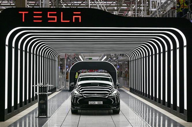 Một mẫu xe của hãng Tesla tại nhà máy ở Gruenheide, Đức. (Ảnh: AFP/TTXVN) Cổ phiếu Tesla hướng đến giai đoạn có hiệu suất tồi tệ nhất ảnh 1