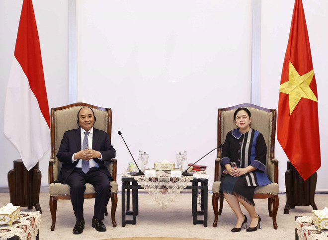 Chủ tịch nước Nguyễn Xuân Phúc hội kiến Chủ tịch Hội đồng Đại biểu nhân dân (Hạ viện) Indonesia, bà Puan Maharani. (Ảnh: Thống Nhất/TTXVN) Quốc hội Indonesia mong muốn thúc đẩy hợp tác toàn diện với Việt Nam ảnh 1