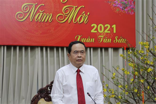 Ông Trần Thanh Mẫn phát biểu tại buổi đến thăm, chúc tết Quân khu 9. (Ảnh: Ngọc Thiện/TTXVN) Ông Trần Thanh Mẫn thăm, chúc Tết Bộ Tư lệnh Quân khu 9 ảnh 1