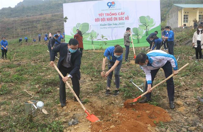 Các đại biểu và đoàn viên thanh niên tham gia trồng cây nhân dịp xuân Tân Sửu năm 2021. (Ảnh: Chu Hiệu/TTXVN) Thực hiện nhiều hoạt động ý nghĩa trong lễ khởi động Tháng Thanh niên ảnh 1