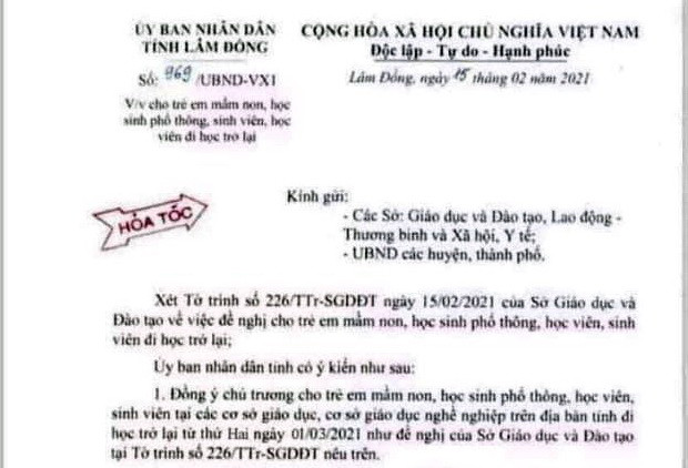 Văn bản do em N.H.L chỉnh sửa. (Nguồn: TTXVN phát) Lâm Đồng không ban hành văn bản cho học sinh nghỉ học từ 19/2 ảnh 1