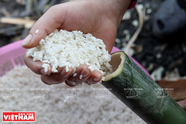 Gạo nếp vo sạch và ngâm 6-8 tiếng sau đó cho vào ống nứa rồi cho nước xâm xấp mặt gạo. (Nguồn: Báo Ảnh Việt Nam) Hướng dẫn cách làm món cơm lam nổi tiếng của người Tây Bắc ảnh 1