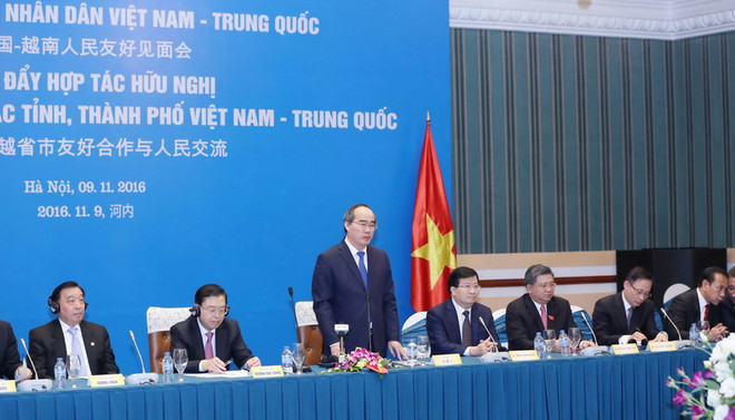 Chủ tịch Ủy ban Trung ương Mặt trận Tổ quốc Việt Nam Nguyễn Thiện Nhân phát biểu tại buổi gặp gỡ hữu nghị và giao lưu. (Ảnh: Phương Hoa/TTXVN) Thúc đẩy hợp tác, giao lưu nhân dân Việt Nam-Trung Quốc ảnh 2