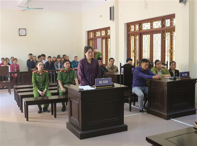 Bị cáo Lê Thị Loan tại phiên tòa. (Ảnh: Lưu Thanh Tuấn/TTXVN) Hà Nam: Tuyên án chung thân đối với bị cáo dùng xăng đốt mẹ ảnh 1
