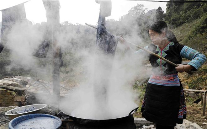 Gia đình chị Sùng Y Thanh, dân tộc Mông ở xóm Pà Cò 1, xã Pà Cò, huyện Mai Châu, Hòa Bình, vay vốn chương trình hộ nghèo đầu tư mua nguyên liệu làm vải thổ cẩm, chăn nuôi bò sinh sản, gia đình có việc làm có thêm thu nhập. (Ảnh: Trần Việt/TTXVN) Xóa bỏ điểm nóng Hang Kia-Pà Cò: Kết quả của ý Đảng hợp lòng dân ảnh 1