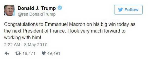 Ông Donald Trump chúc mừng Tổng thống đắc cử Emmanuel Macron ảnh 1