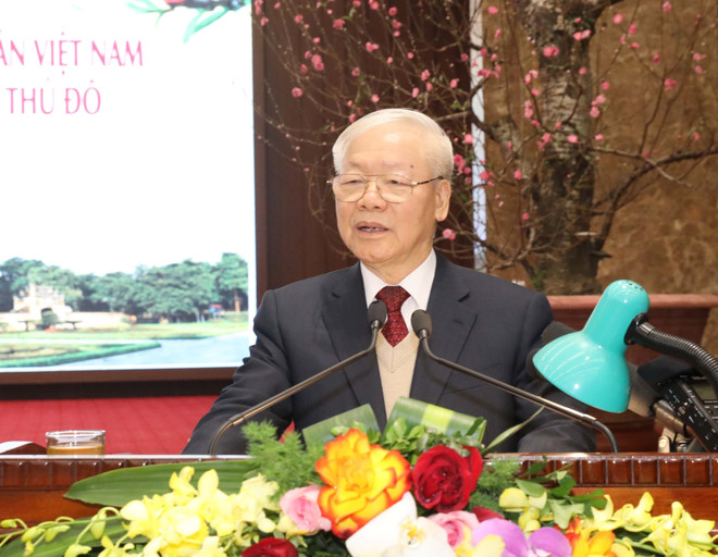 Tổng Bí thư Nguyễn Phú Trọng chúc Tết Đảng bộ, chính quyền và nhân dân thủ đô Hà Nội. (Ảnh: Phương Hoa/TTXVN) Lãnh đạo các nước chúc mừng Tổng Bí thư Nguyễn Phú Trọng nhân dịp Tết ảnh 1