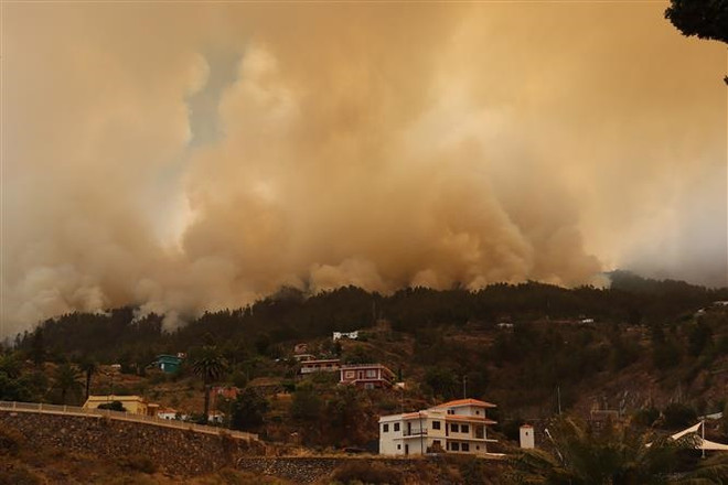 Khói bốc lên tại đám cháy rừng ở đảo La Palma, Tây Ban Nha ngày 15/7/2023. (Ảnh: AFP/TTXVN) Tây Ban Nha: Cháy rừng tại đảo La Palma, hơn 2.500 người phải sơ tán ảnh 1