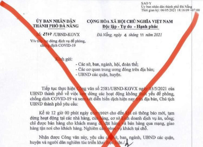 Văn bản về việc thành phố Đà Nẵng cấm bán ăn uống tại chỗ là giả ảnh 1