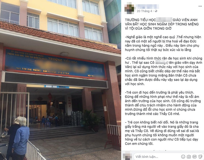 Bài đăng của vị phụ huynh trên Facebook Thực hư thông tin cô giáo tiếng Anh phạt học sinh 'ngậm dép' ảnh 1
