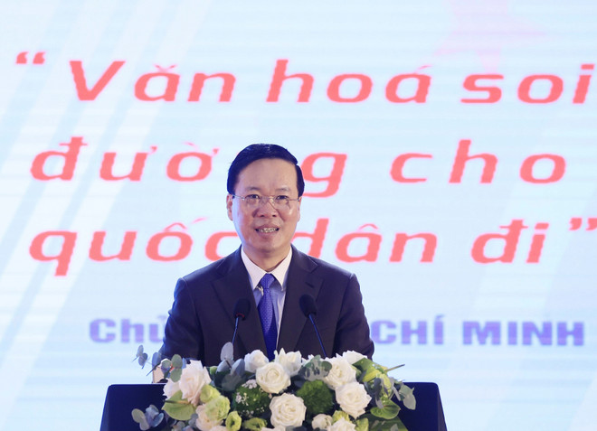 Chủ tịch nước Võ Văn Thưởng phát biểu. (Ảnh: Thống Nhất/TTXVN) 'Các nhà văn lão thành góp phần tạo nên nền văn học chân chính' ảnh 1