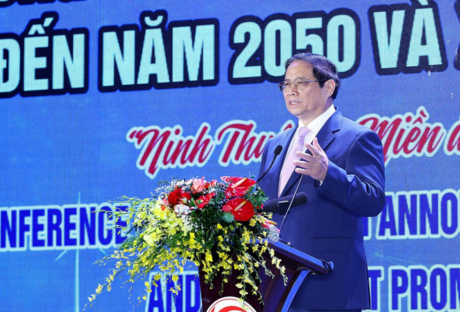 Thủ tướng Phạm Minh Chính phát biểu tại Hội nghị công bố quy hoạch tỉnh Ninh Thuận. (Ảnh: Dương Giang/TTXVN) ttxvn_thu_tuong_3.jpg