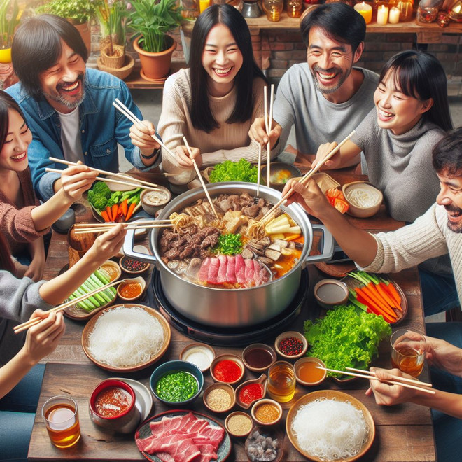 Trong các buổi liên hoan hay sum họp gia đình, mọi người thường chọn món lẩu để có thể ngồi quanh bàn và thưởng thức cùng nhau. (Nguồn: Ảnh do AI tạo ra từ Bing Image Creator) an_lau.jpg