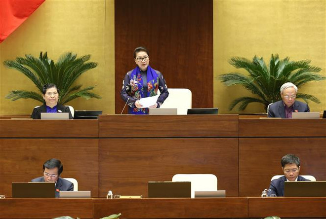 Chủ tịch Quốc hội Nguyễn Thị Kim Ngân phát biểu kết thúc nhóm vấn đề thứ hai. (Ảnh: Dương Giang/TTXVN) Khẩn trương ban hành quy định cụ thể về hàng hóa xuất xứ Việt Nam ảnh 1