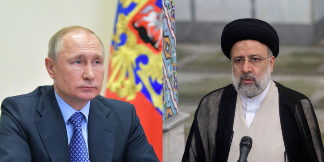 Tổng thống Iran Ebrahim Raisi (phải) và người đồng cấp Nga Vladimir Putin. (Nguồn: news.cn) Tổng thống Iran lên kế hoạch hội đàm với Tổng thống Nga ảnh 1