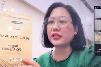 Chị Nguyễn Thiệp, đại diện công ty chè Mỹ Lâm, giới thiệu sản phẩm với các doanh nghiệp Algeria và Sénégal. (Ảnh: Mạnh Hùng/TTXVN)