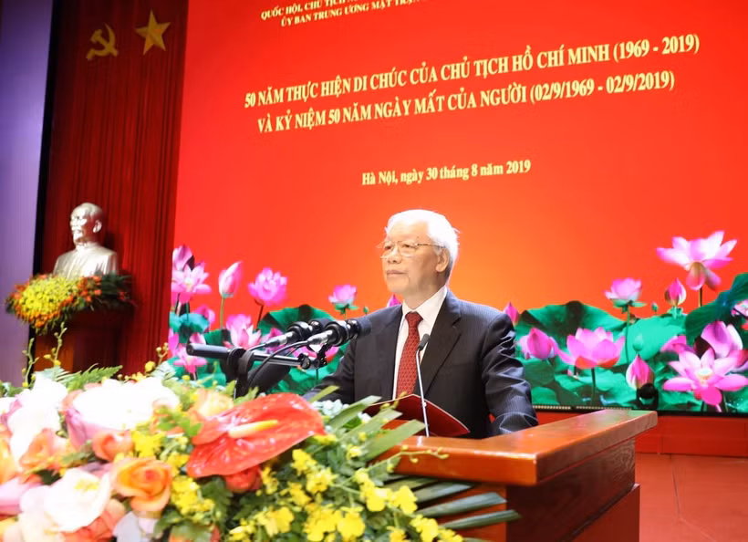 Tổng Bí thư, Chủ tịch nước Nguyễn Phú Trọng đọc diễn văn tại buổi lễ. (Ảnh: Trí Dũng/TTXVN)
