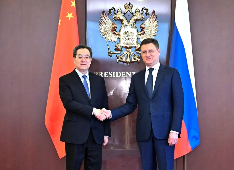 Phó Thủ tướng Trung Quốc Đinh Tiết Tường (trái) và Phó Thủ tướng Nga Alexander Novak đồng chủ trì cuộc họp lần thứ 21 của Ủy ban hợp tác năng lượng Nga-Trung Quốc ở Moskva. (Ảnh: THX/TTXVN)