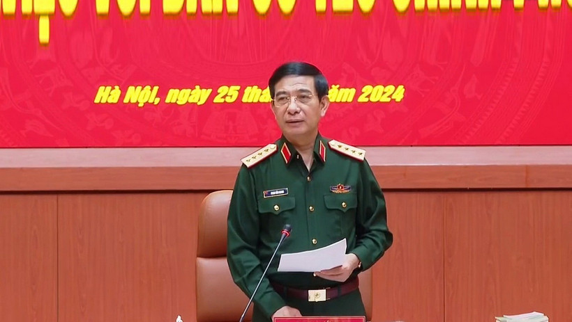 Đại tướng Phan Văn Giang phát biểu chỉ đạo tại buổi làm việc. (Ảnh: Hồng Pha/TTXVN phát)
