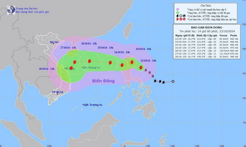 Đường đi của bão TRAMI, chiều 23/10. (Ảnh: TTXVN phát)