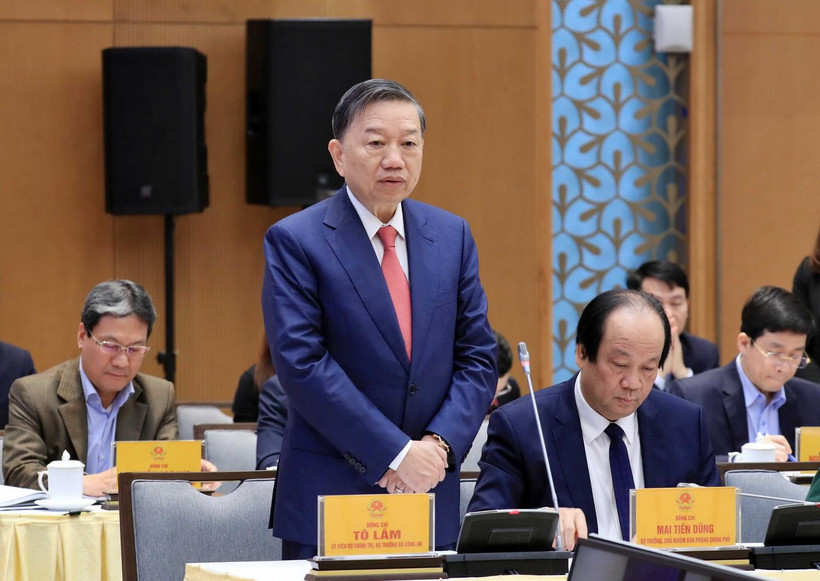 Đại tướng Tô Lâm, Ủy viên Bộ Chính trị, Bộ trưởng Bộ Công an phát biểu. (Ảnh: Thống Nhất/TTXVN)