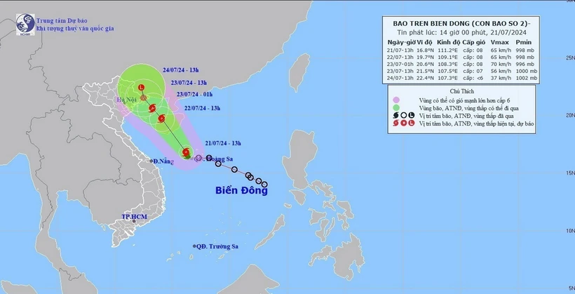 Hướng và đường đi của bão số 2, chiều 21/7/2024). (Ảnh: TTXVN phát)