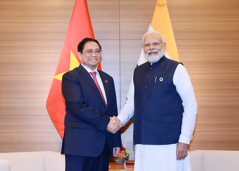 Thủ tướng Phạm Minh Chính hội kiến Thủ tướng Ấn Độ Narendra Modi tại Hiroshima, Nhật Bản, sáng 20/5/2023. (Ảnh: Dương Giang/TTXVN)