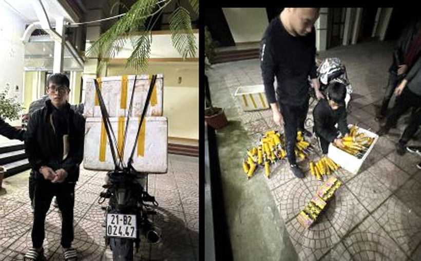 Đối tượng Hoàng Minh Tiến và tang vật thu giữ tại cơ quan Công an. (Nguồn: báo Yên Bái)