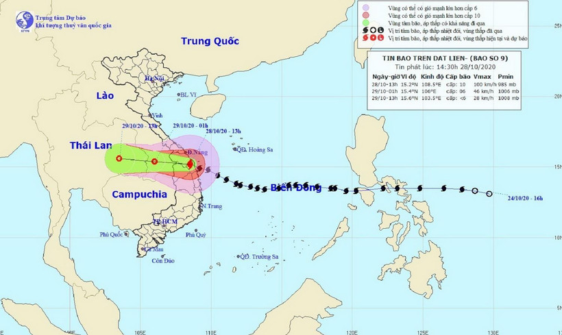 Bản đồ đường đi của Bão số 9. (Ảnh: TTXVN phát)