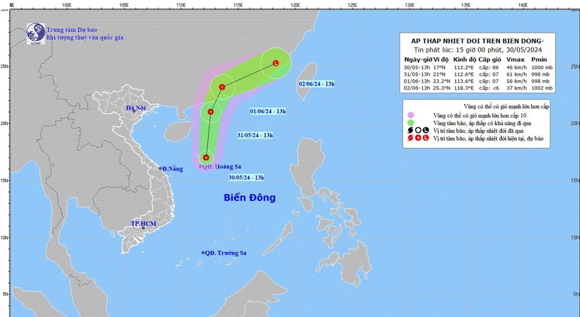 Vị trí và đường đi của áp thấp nhiệt đới. (Nguồn: Trung tâm Dự báo Khí tượng Thủy văn Quốc gia)