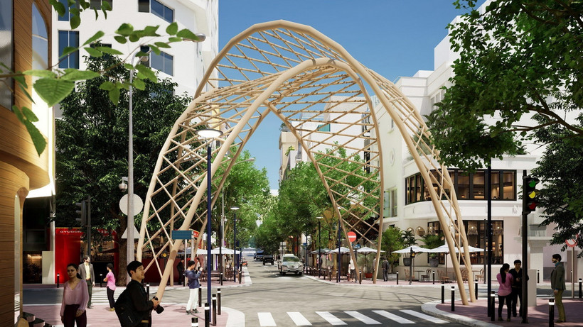 Phối cảnh đường Thái Văn Lung, phường Bến Nghé, quận 1, sau khi cải tạo, với kiến trúc mang tính biểu tượng và nghệ thuật. (Ảnh: TTXVN phát)
