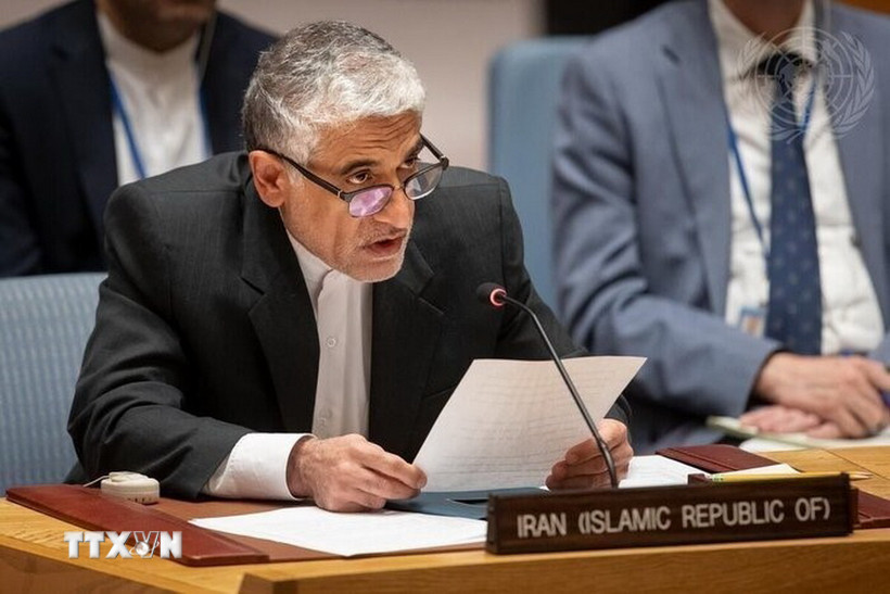 Đại sứ Iran tại Liên hợp quốc Amir Saeid Iravani phát biểu tại cuộc họp Hội đồng Bảo an Liên hợp quốc. (Ảnh: IRNA/TTXVN)