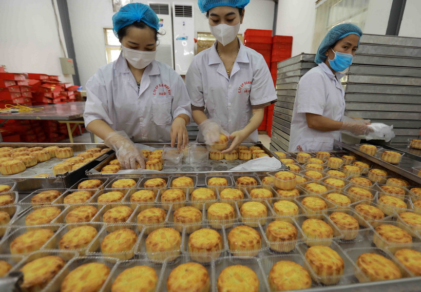 Phân loại, đóng gói sản phẩm bánh Trung thu. (Ảnh: Vũ Sinh/TTXVN)
