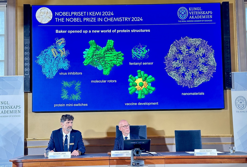 Lễ công bố giải Nobel Hóa học năm 2024 tại Viện Hàn lâm Khoa học Hoàng gia Thụy Điển ở Stockholm. (Ảnh: AA/TTXVN)