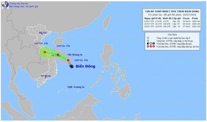Hướng di chuyển của áp thấp nhiệt đới. (Ảnh: TTXVN phát)