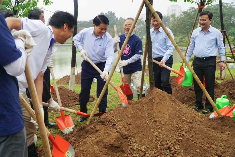 Chủ tịch UBND thành phố Hà Nội Nguyễn Đức Chung cùng các đại biểu trồng cây hoa anh đào tại Công viên Hòa Bình. (Ảnh: Nguyễn Nga/TTXVN phát)