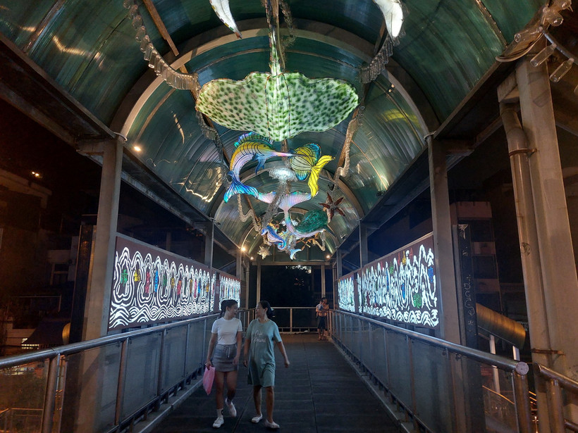 Cầu đi bộ Trần Nhật Duật được biến hóa thành không gian nghệ thuật ánh sáng. (Ảnh: Đinh Thuận/TTXVN)