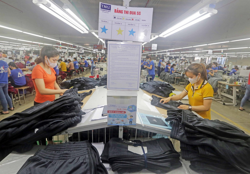 May hàng xuất khẩu tại Nhà máy May TNG Đại Từ, tỉnh Thái Nguyên thuộc Công ty cổ phần Đầu tư và Thương mại TNG. (Ảnh: Trần Việt/TTXVN)