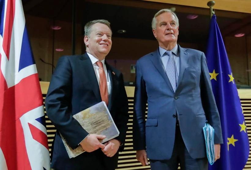Trưởng đoàn đàm phán Brexit của EU Michel Barnier (phải) và Bộ trưởng phụ trách Brexit của Anh David Frost tại vòng đàm phán đầu tiên về quan hệ giữa hai bên hậu Brexit, ở Brussels, Bỉ ngày 2/3 vừa qua. (Ảnh: AFP/TTXVN)